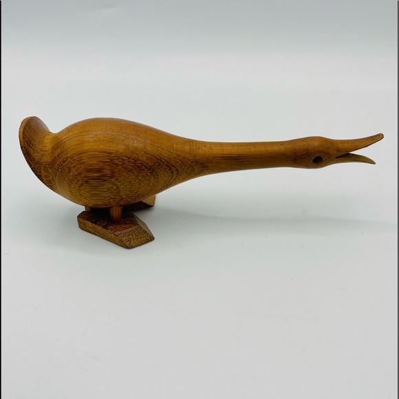 VTG Teak Wood Squawking Duck Goose with Black Bead Eyes Figurine Made in Taiwan